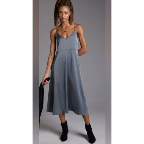 Anthropologie Daily Practice Satin Midi Slip Dress Pewter Gray w/ Pockets S - Picture 1 of 6